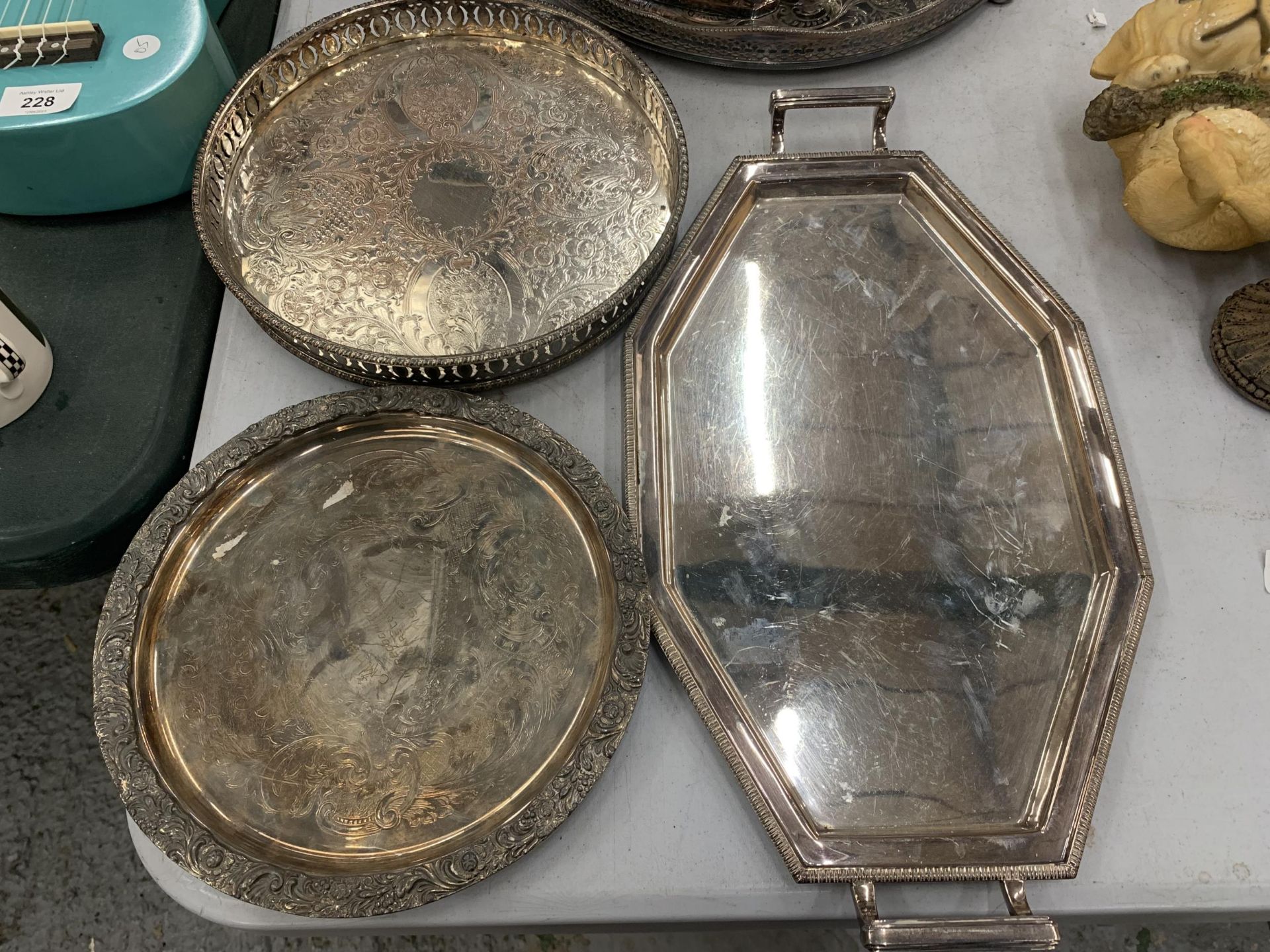 THREE SILVER PLATED TRAYS, ONE MEMORIAL