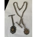 A HEAVY SILVER WATCH CHAIN WITH TWO HALLMARKED SILVER FOBS