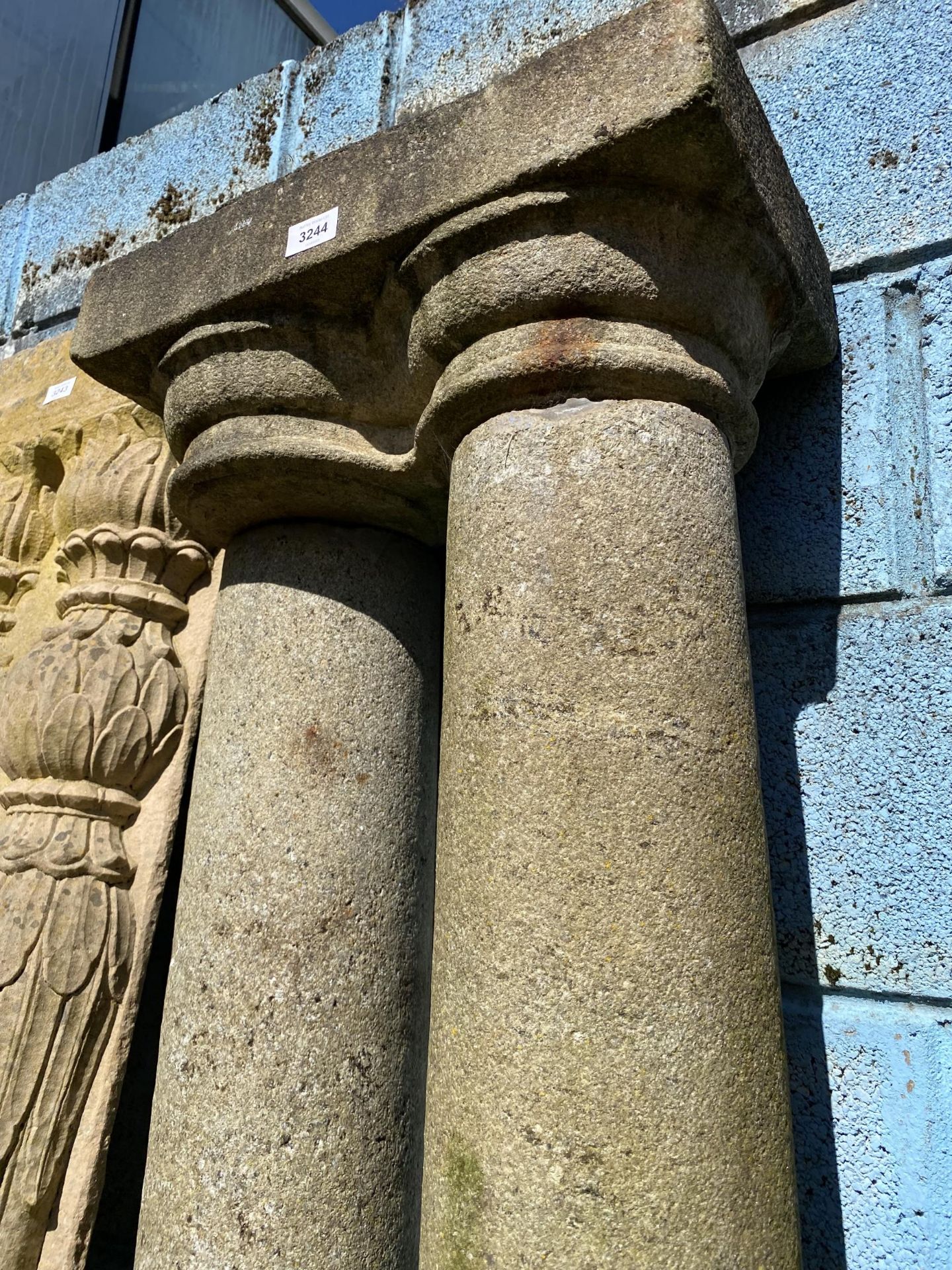 A VINTAGE INDIAN STONE TWIN PILLAR, 65 X 18" - Image 2 of 3