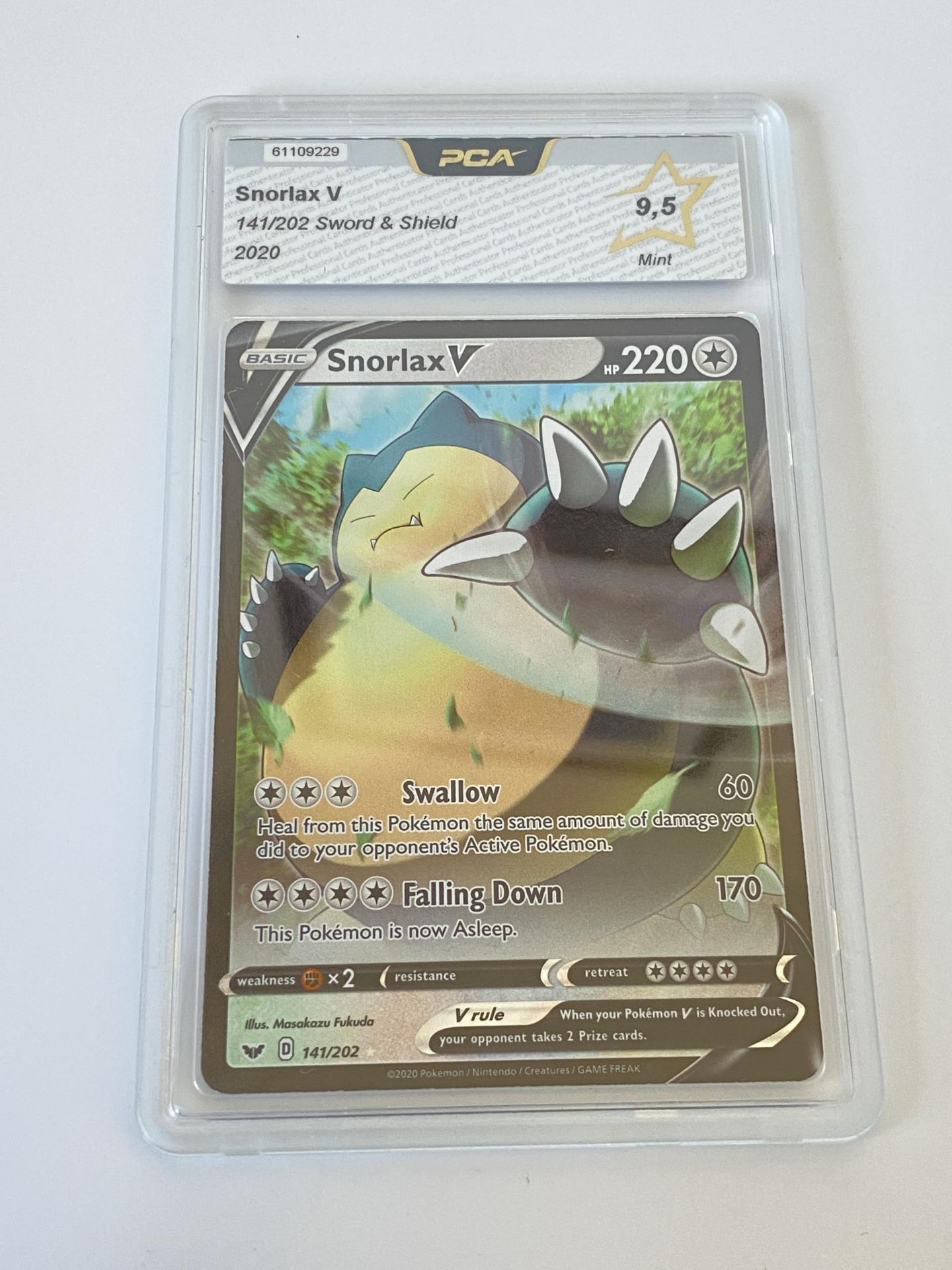 A GRADED POKEMON CARD -SNORLAX V141/202 SWORD & SHIELD - PCA GRADE - 9.5