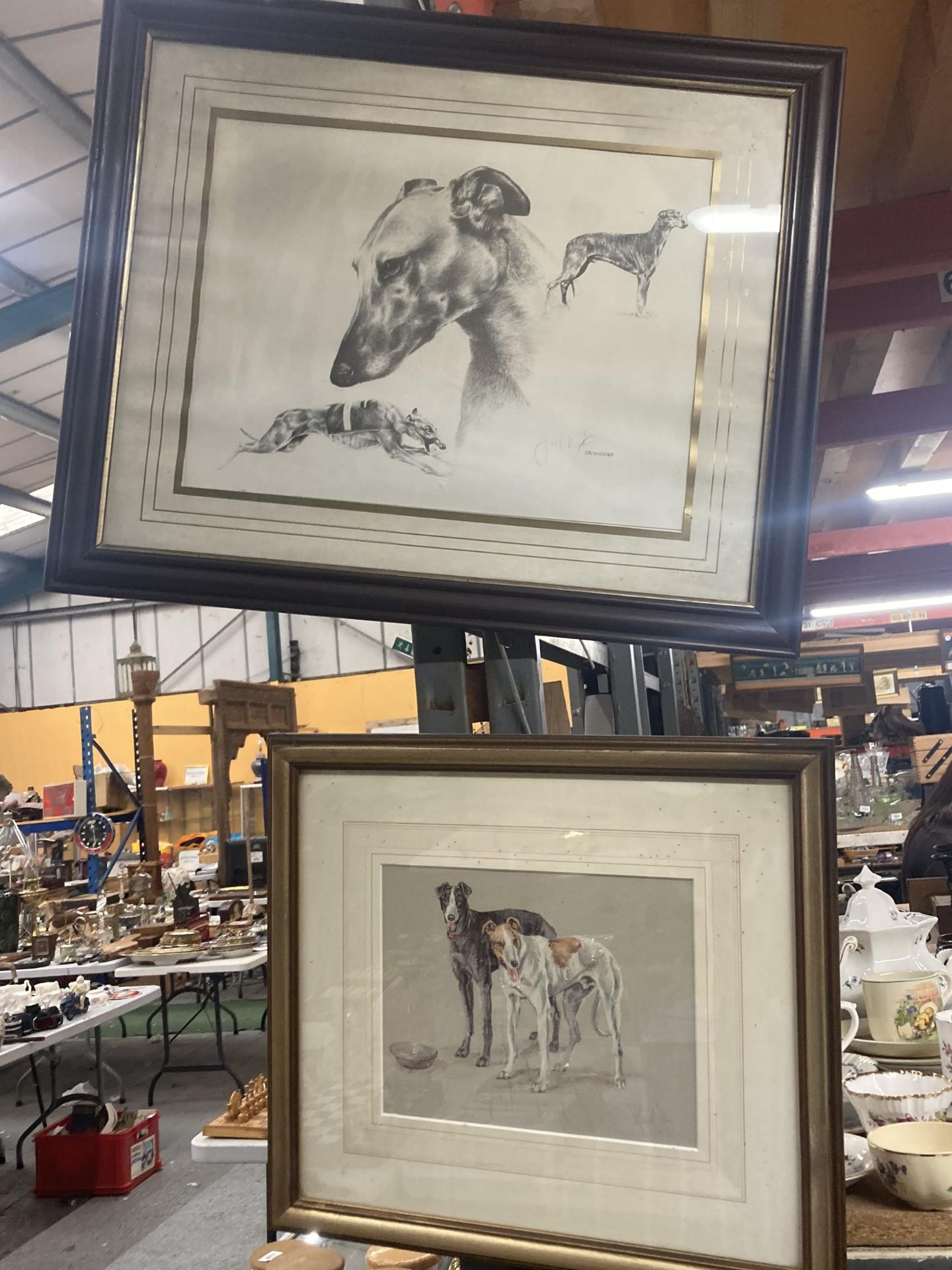TWO FRAMED AND MOUNTED PRINTS OF GREYHOUNDS BOTH SIGNED ONE OF WHICH IS A LIMITED EDITION