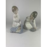 TWO LLADRO FIGURES OF A GIRL WITH SHOES & A BOY WITH CHILD