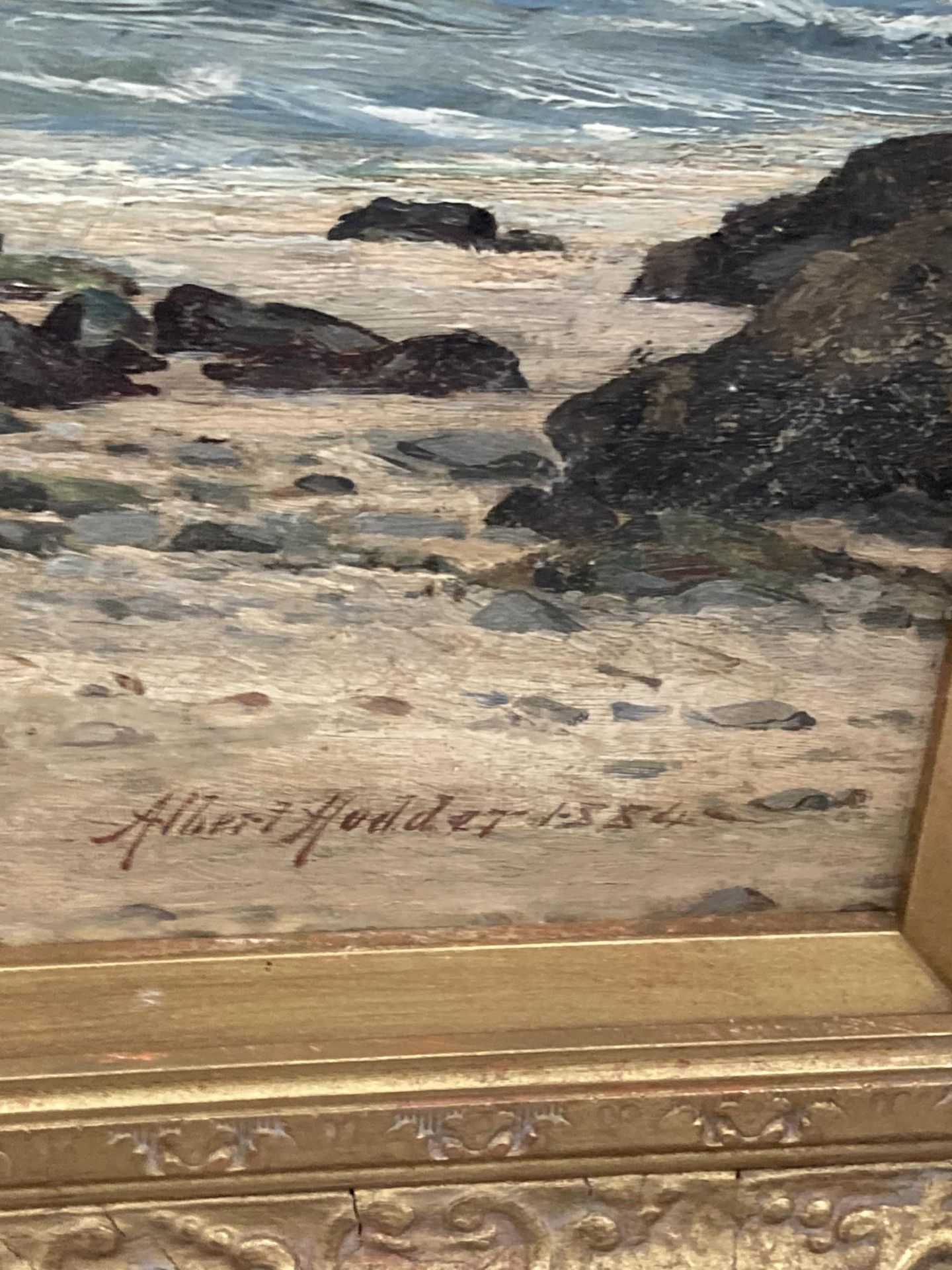 AN ALBERT HODDER, BRITISH, (1845-1911), LARGE GILT FRAMED OIL PAINTING OF A COASTAL SCENE, SIGNED TO - Image 2 of 3