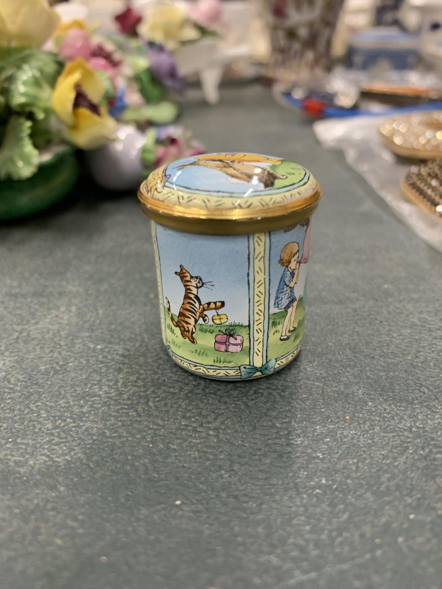 A HALYCON DAYS WINNIE-THE-POOH ENAMEL LIDDED TRINKET POT