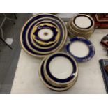 A QUANTITY OF SPODE TO INCLUDE SERVING PLATTERS, BOWLS, PLATES, ETC, IN COBALT BLUE WITH GILT