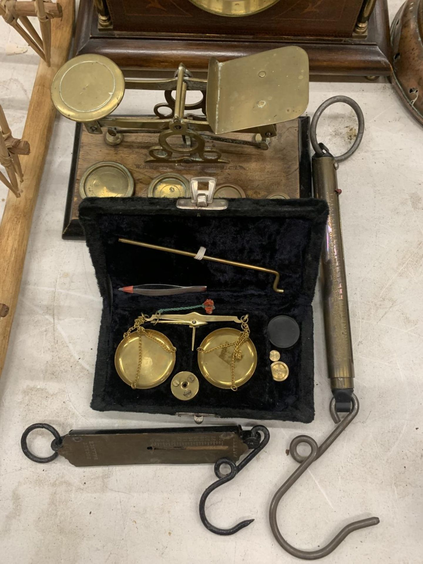 THREE SETS OF VINTAGE BRASS SCALES TO INCLUDE POSTAL SCALES