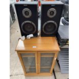 A TEAK CABINET CONTAINING A SONY STEREO SYSTEM AND TWO SONY SPEAKERS