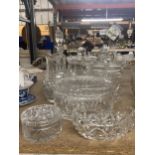 A QUANTITY OF GLASSWARE TO INCLUDE A ROYAL DOULTON CRYSTAL DECANTER, JUGS, JARS, ETC.,