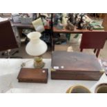 TWO TREEN BOXES TO INCLUDE A WRITING BOX AND A BRASS AND ONYX STYLE LAMP