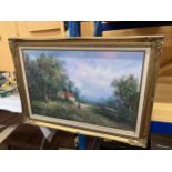 A LARGE OIL ON CANVAS OF A COTTAGE IN A WOODED SCENE SIGNED, IN A GILT FRAME 90CM X 64CM
