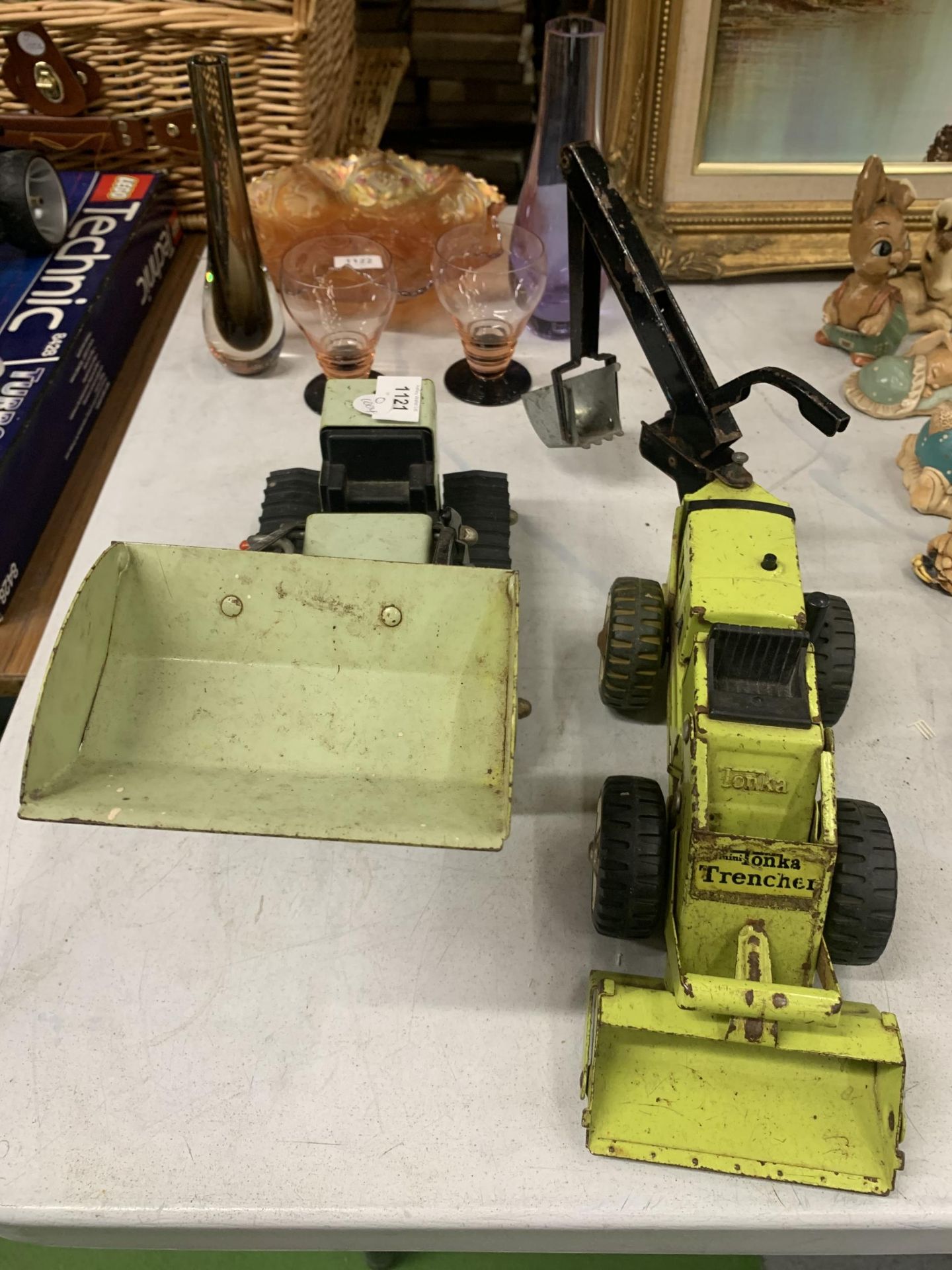 TWO LARGE VINTAGE 1970'S TONKA CONSTUCTION VEHICLES - A TRENCHER AND A TRACKED SHOVEL LOADER