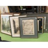 A QUANTITY OF FRAMED PRINTS TO INCLUDE A MAP, BUILDINGS, ETC