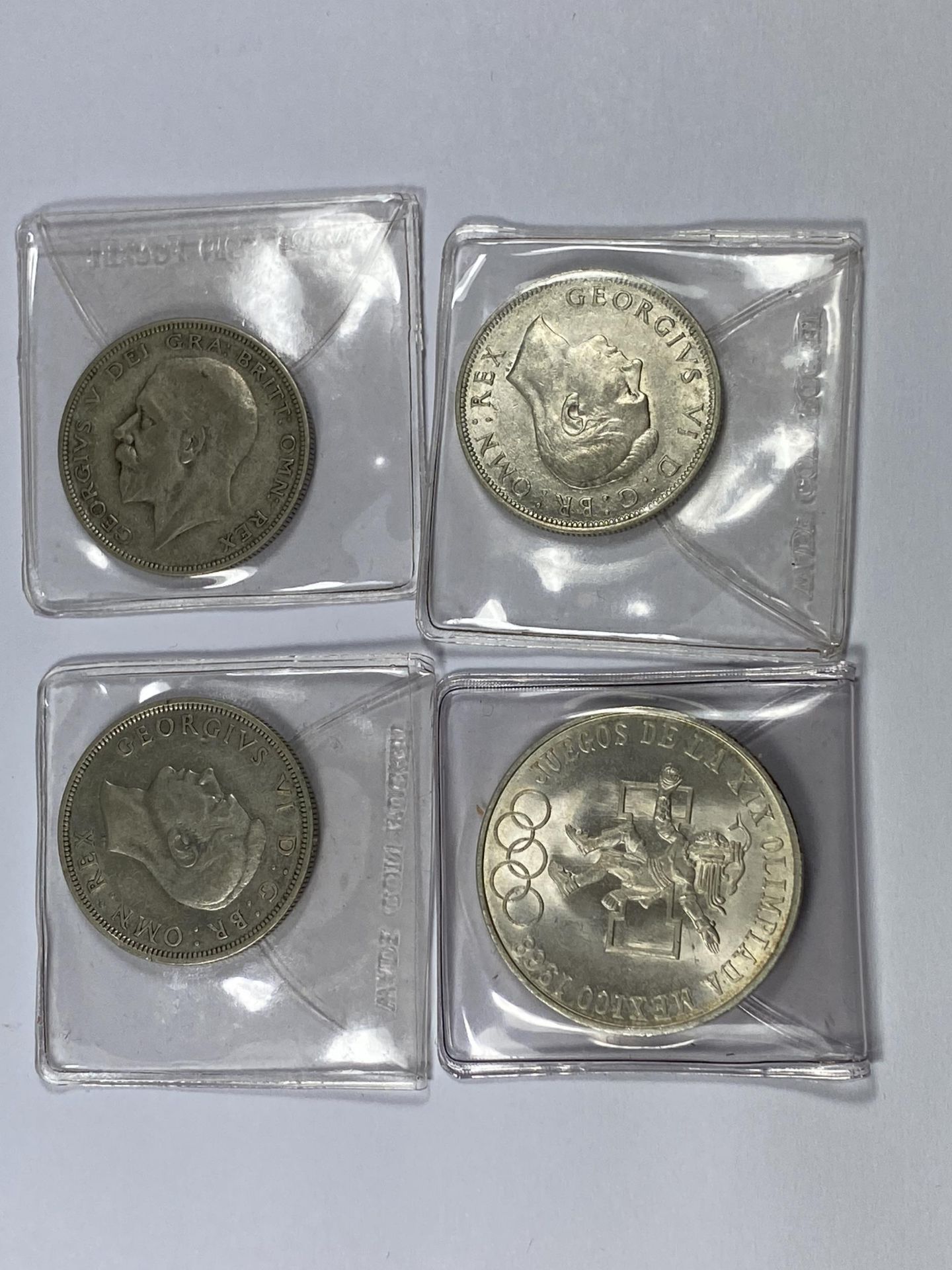 THREE HALF SILVER HALF CROWNS DATED 1936, 1939 & 1945, MEXICAN 1968 25 PESOS - Image 2 of 2