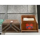 A VINTAGE INDIAN HARDWOOD + EMBOSSED BRASS BOX + FOUR DIVISION 'VICTORIA INSURANCE' LETTER RACK