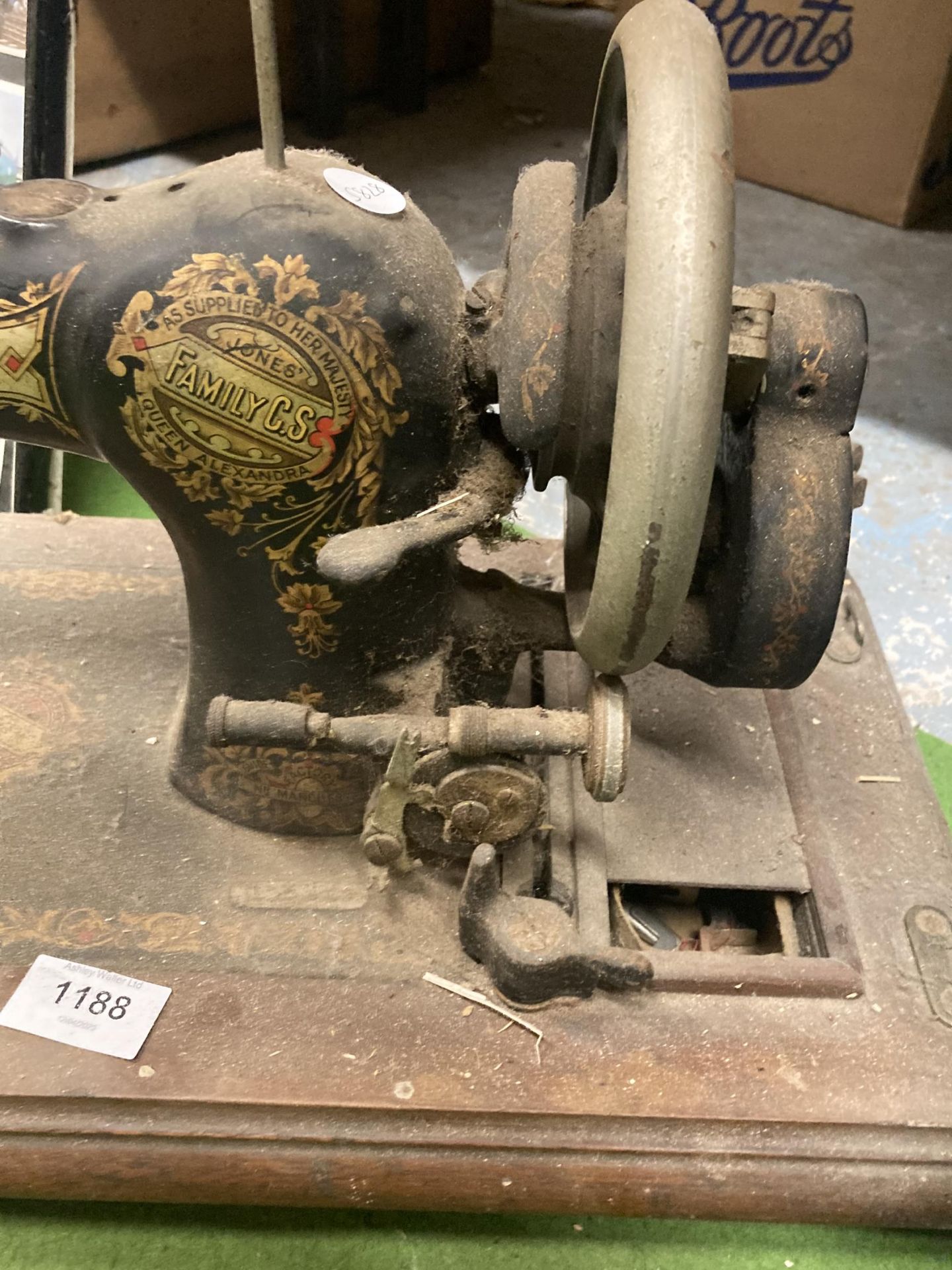 A VINTAGE HAND TURNED JONES SEWING MACHINE - Image 2 of 3