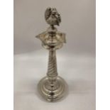 A LARGE , BELIEVED INDIAN SILVER, WHITE METAL STAND WITH BIRD DESIGN TOP, WITH PRESENTATION