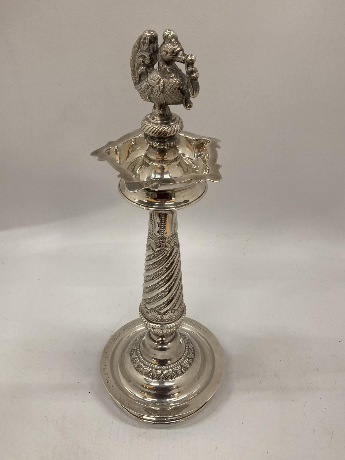 A LARGE , BELIEVED INDIAN SILVER, WHITE METAL STAND WITH BIRD DESIGN TOP, WITH PRESENTATION