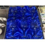 SIX BOXED STELLA HAND CUT GLASS WINE GLASSES