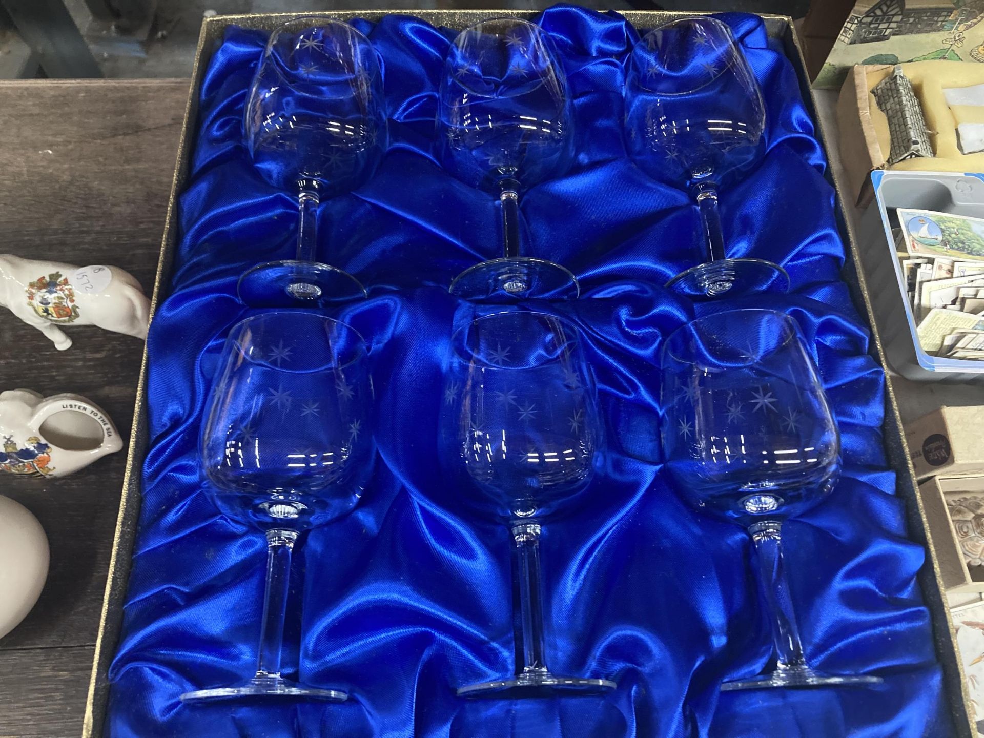 SIX BOXED STELLA HAND CUT GLASS WINE GLASSES