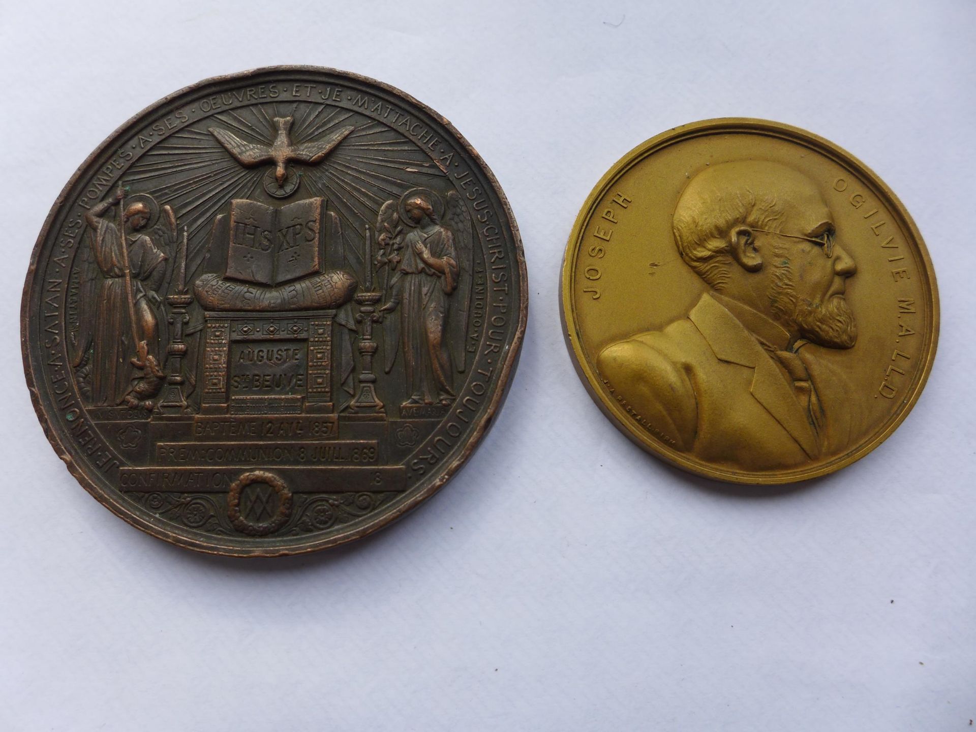A LARGE BRONZE ECCLESIASTICAL MEDAL CIRCA 1869, 70MM AND A BRONZE CHURCH OF SCOTLAND TRAINING