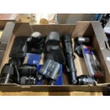 A QUANTITY OF VINTAGE CAMERAS , LENS AND BINOCULARS TO INCLUDE SUNAGOR, YASHICA ETC.,