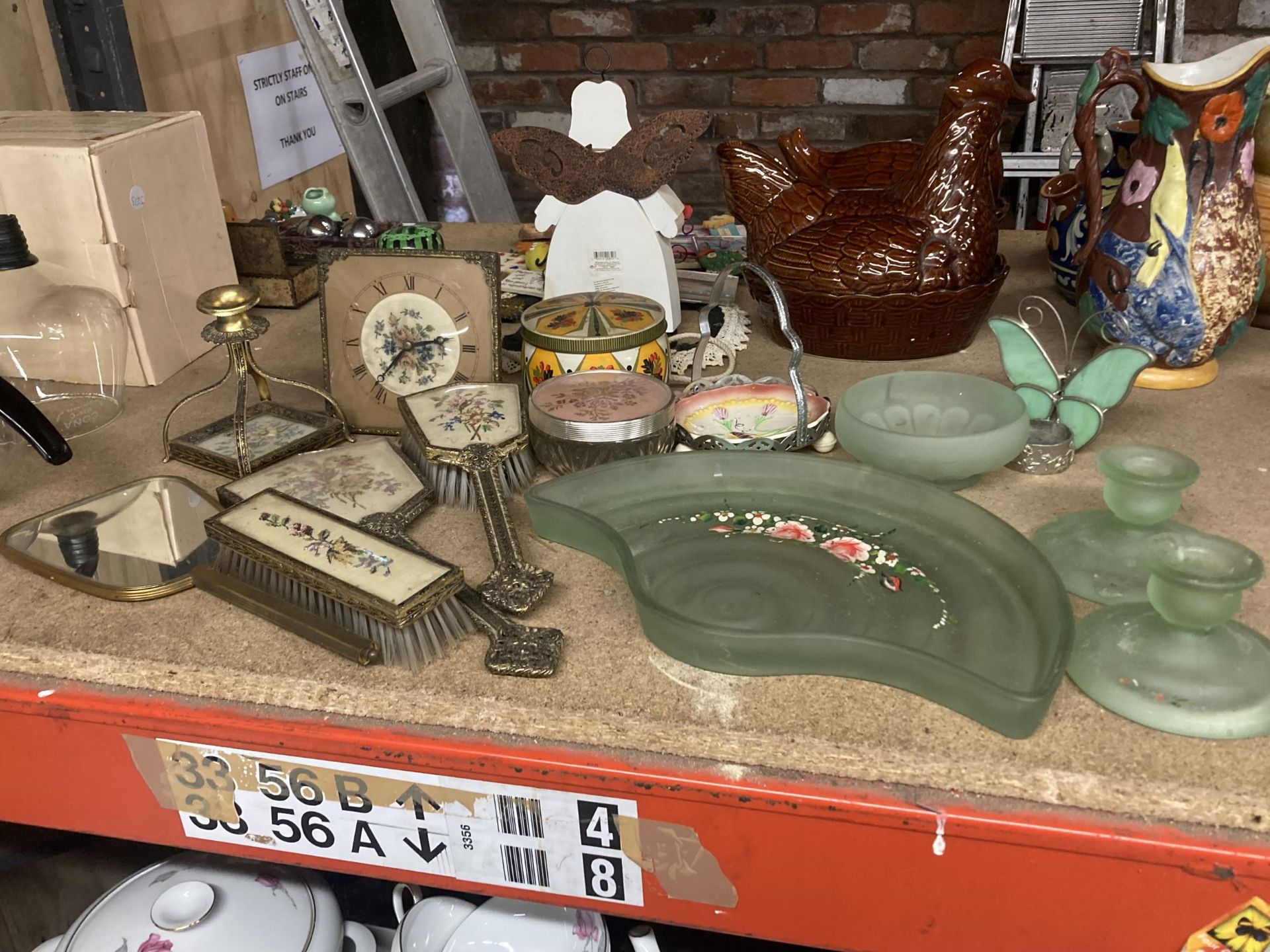 A QUANTITY OF VINTAGE ITEMS TO INCLUDE A PETIT POINT CLOCK AND VANITY SET, GLASS DRESSING TABLE SET, - Image 2 of 5