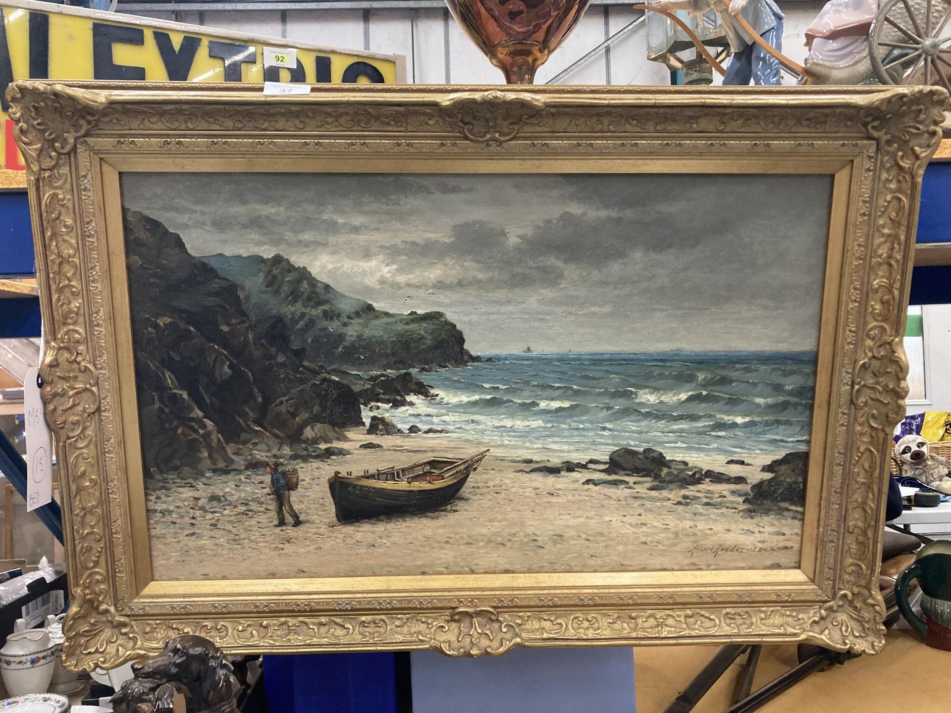 AN ALBERT HODDER, BRITISH, (1845-1911), LARGE GILT FRAMED OIL PAINTING OF A COASTAL SCENE, SIGNED TO