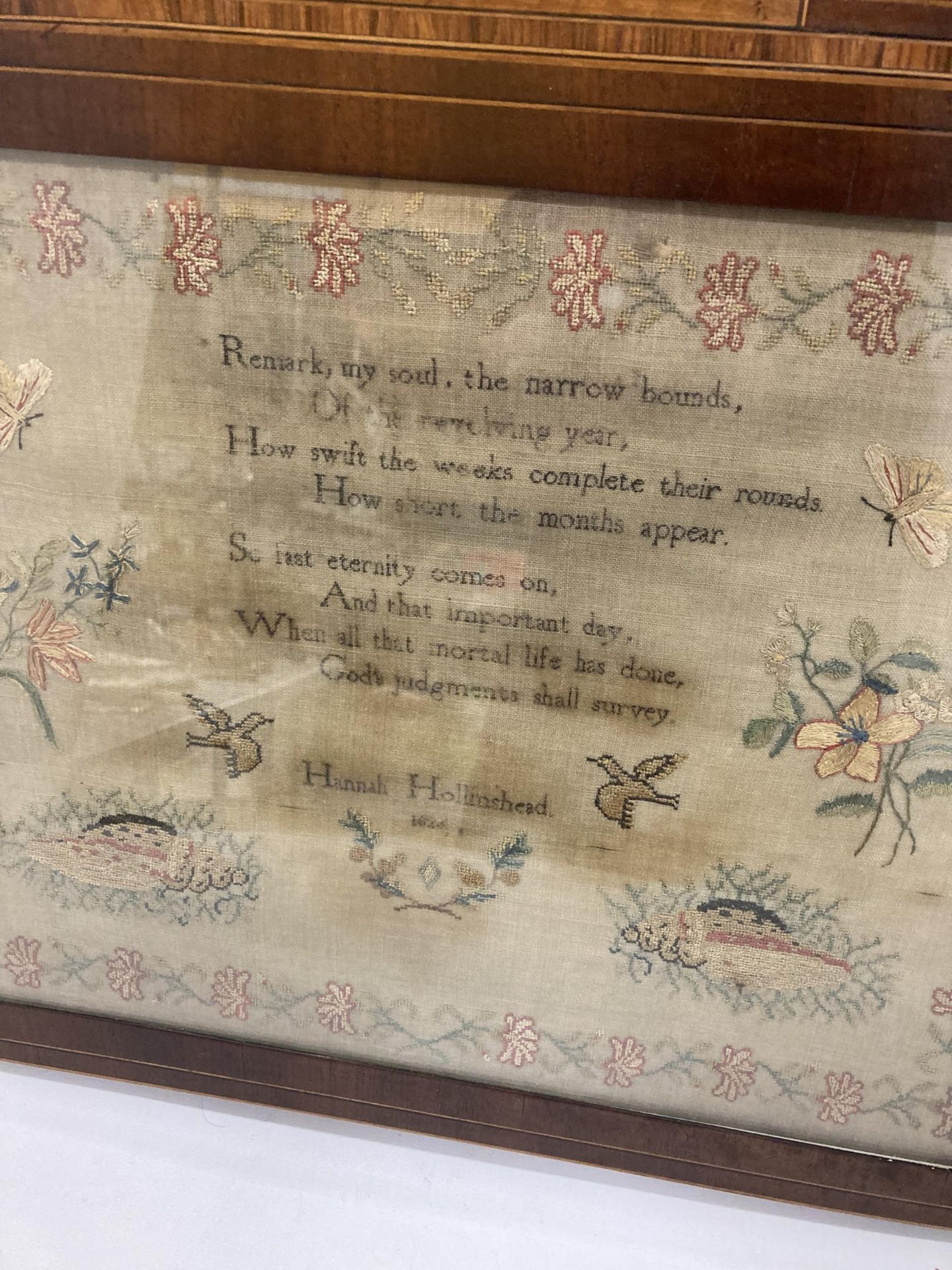 A GEORGIAN POEM TAPESTRY DATED 1826 IN INLAID MAHOGANY FRAME WITH CONCH SHELL DESIGN - Image 2 of 4