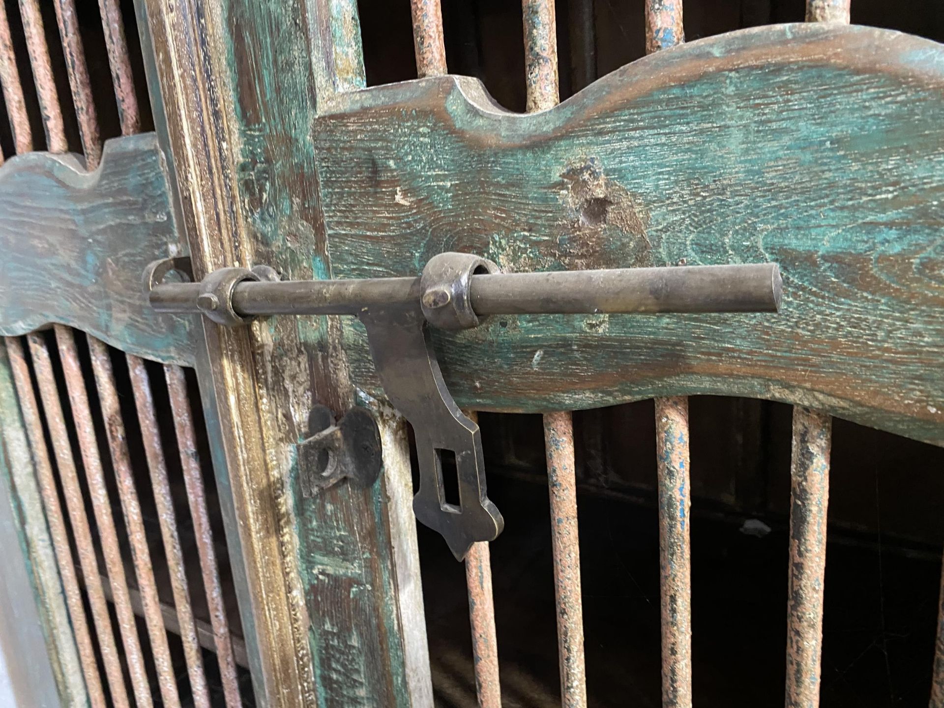 A VINTAGE INDIAN HARDWOOD OPENWORK TWO DOOR CABINET WITH BRASS HASP + IRON BAR, 48" WIDE - Image 2 of 6