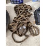 A LENGTH OF VINTAGE PULLEY/WINCH ROPE WITH HOOKS