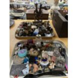 TWO TRAYS OF COLLECTABLES TO INCLUDE CERAMICS, GLASSWARE, SHELLS, FIGURES, ANIMALS, ETC.,