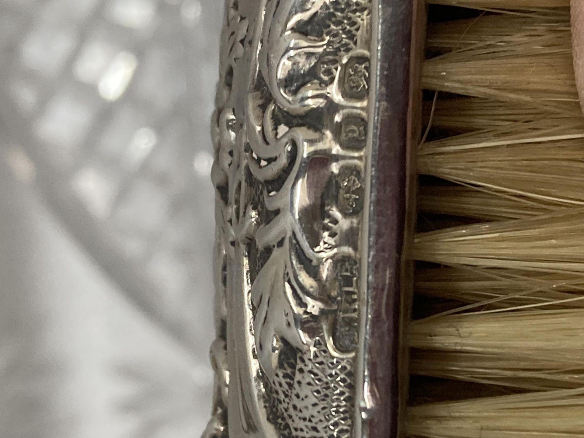 A MATCHED DRESSING TABLE SET COMPRISING HALLMARKED SILVER BRUSHES & MIRROR, SILVER TOPPED ATOMISER - Image 5 of 5