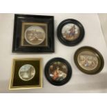 A GROUP OF FOUR VINTAGE PRATTWARE POT LIDS IN FRAMESTO INCLUDE SHAKESPEARES HOUSE ETC