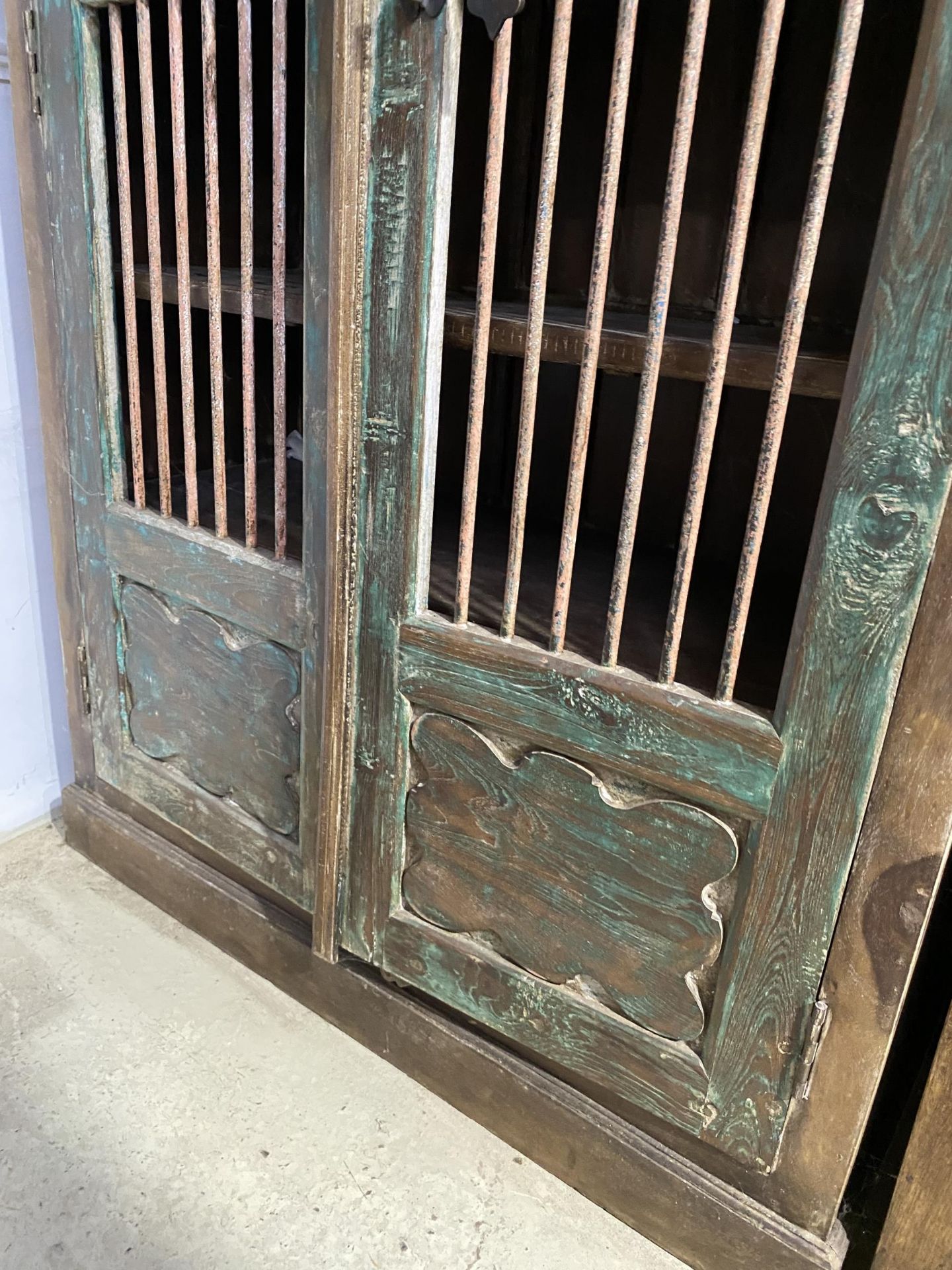A VINTAGE INDIAN HARDWOOD OPENWORK TWO DOOR CABINET WITH BRASS HASP + IRON BAR, 48" WIDE - Image 3 of 6