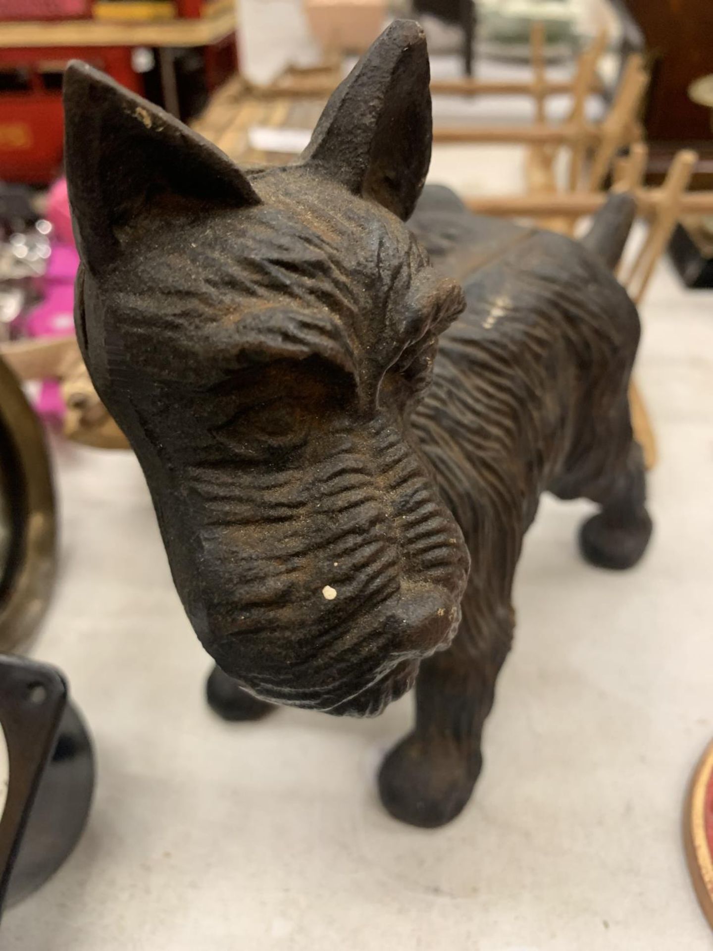A CAST MMODEL OF A SCOTTIE DOG COCKING ITS LEG HEIGHT 17CM, LENGTH 20CM