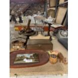 A MIXED LOT OF TREEN ITEMS TO INCLUDE TWO SWISS CHALET MUSIC BOXES, A DOLLS CHAIR, A LARGE CLOG,