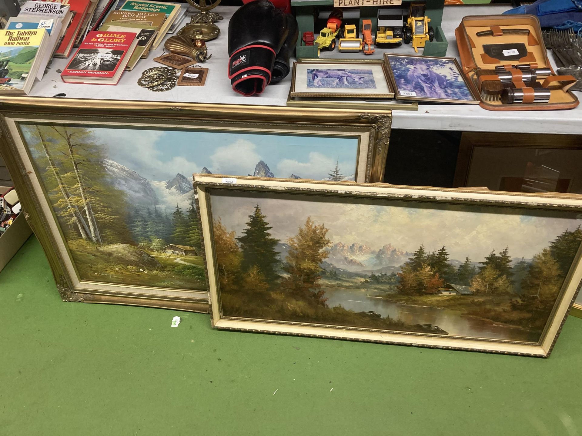 TWO LARGE FRAMED OIL ON CANVAS MOUNTAIN SCENES