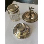 THREE HALLMARKED BIRMINGHAM SILVER ITEMS TO INCLUDE AN INKWELL, LIDDED POT AND RING TREE
