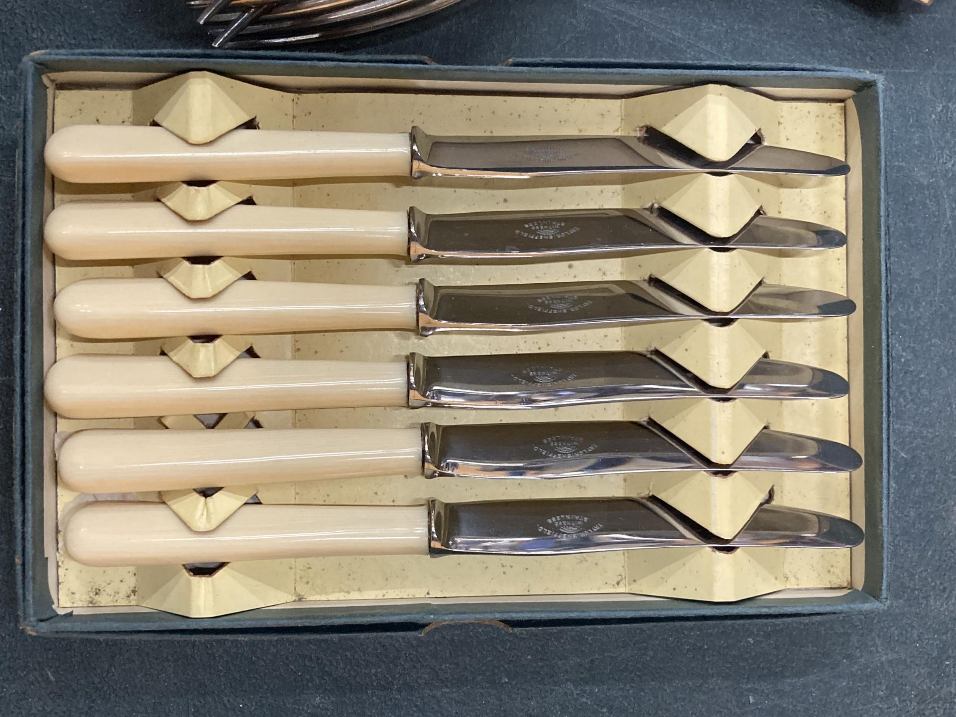 A QUANTITY OF VINTAGE FLATWARE TO INCLUDE TWO BOXED SETS OF KNIVES PLUS FORKS AND SPOONS - Image 2 of 4