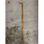 A VINTAGE WOODEN WALKING STICK WITH BRASS GREYHOUND FINIAL