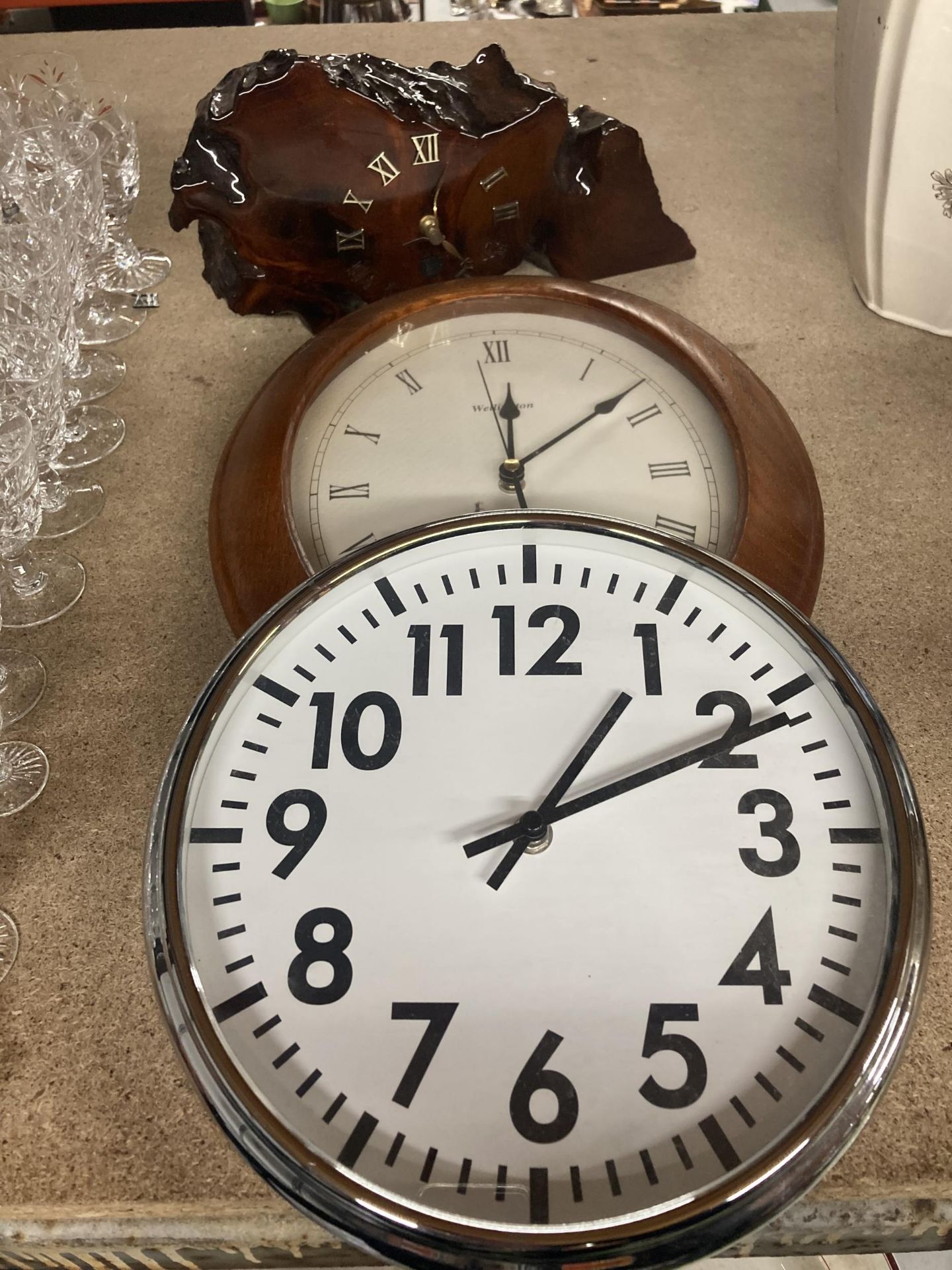 TWO WALL CLOCKS PLUS A MANTLE CLOCK