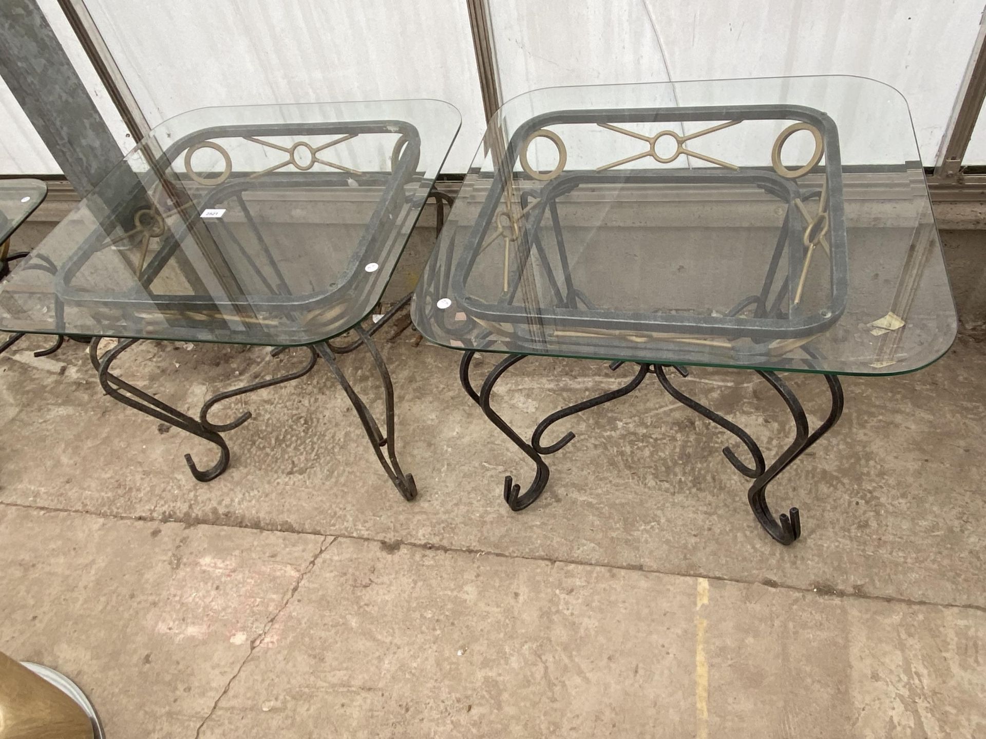 A PAIR OF MODERN GLASS TOP LAMP TABLES ON METALWARE BASE, 26" SQUARE EACH