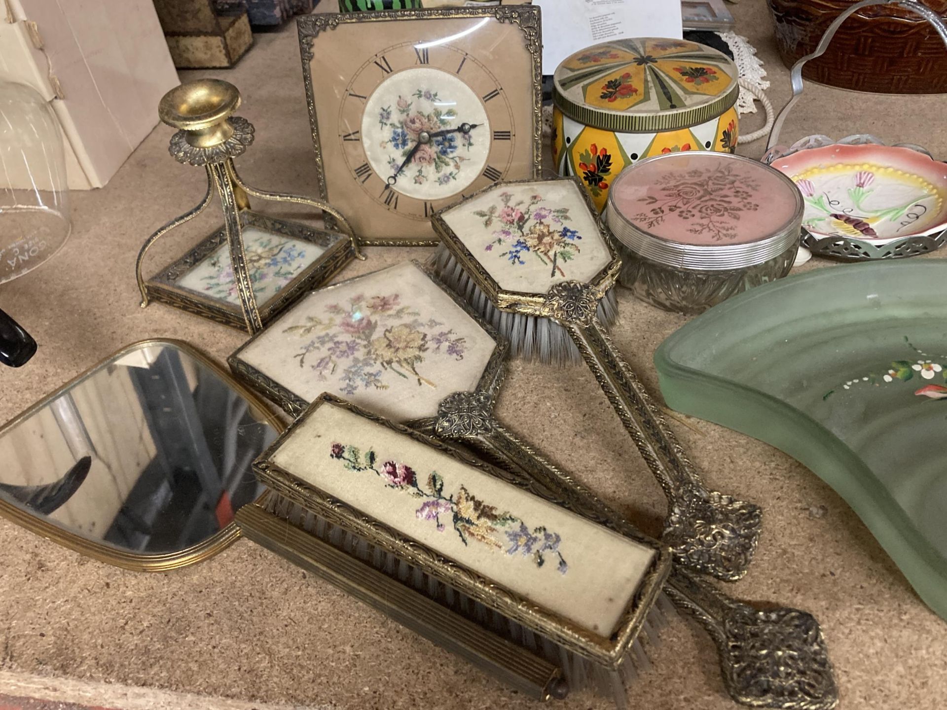 A QUANTITY OF VINTAGE ITEMS TO INCLUDE A PETIT POINT CLOCK AND VANITY SET, GLASS DRESSING TABLE SET, - Image 5 of 5