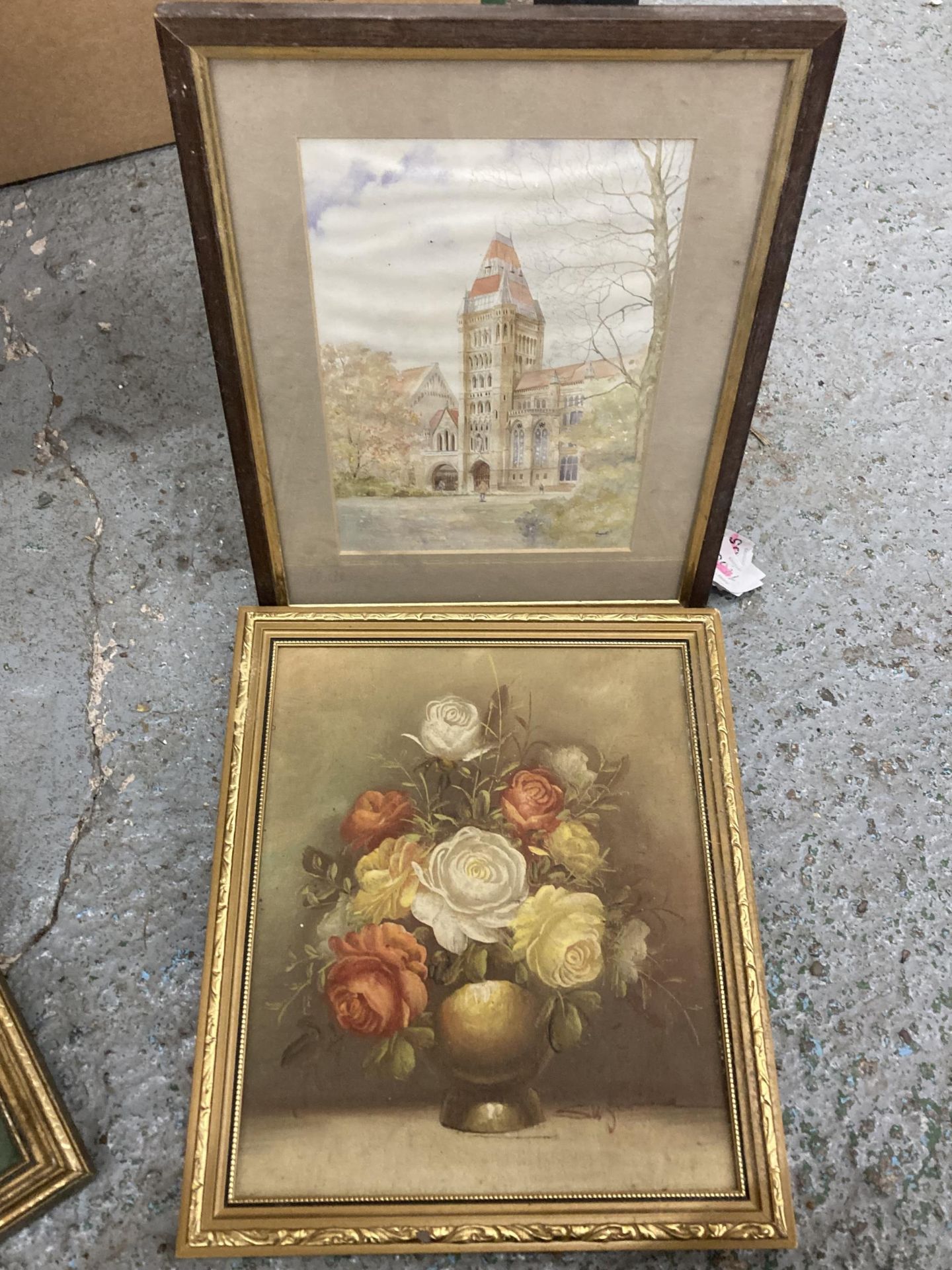 TWO SILK PRINTS OF A YOUNG CHILD PLUS A STILL LIFE OF FLOWERS AND A CHURCH - 4 IN TOTAL - Image 2 of 3