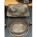 A SILVER PLATED BASKET DISH WITH HANDLE, SMALL TRAY, ETC