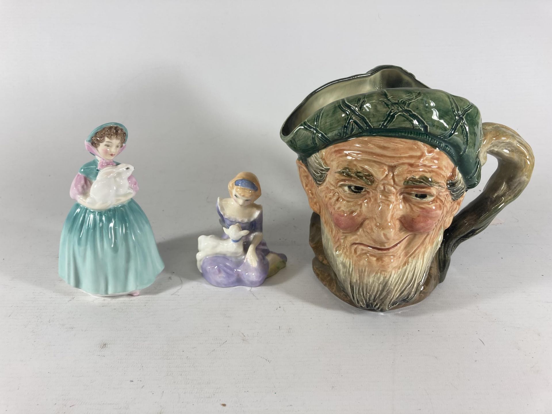 THREE CERAMICS TO INCLUDE A TOBY JUG "OWD MAC" AND TWO ROYAL DOULTON FIGURINES "BUNNY" AND "MARY HAD