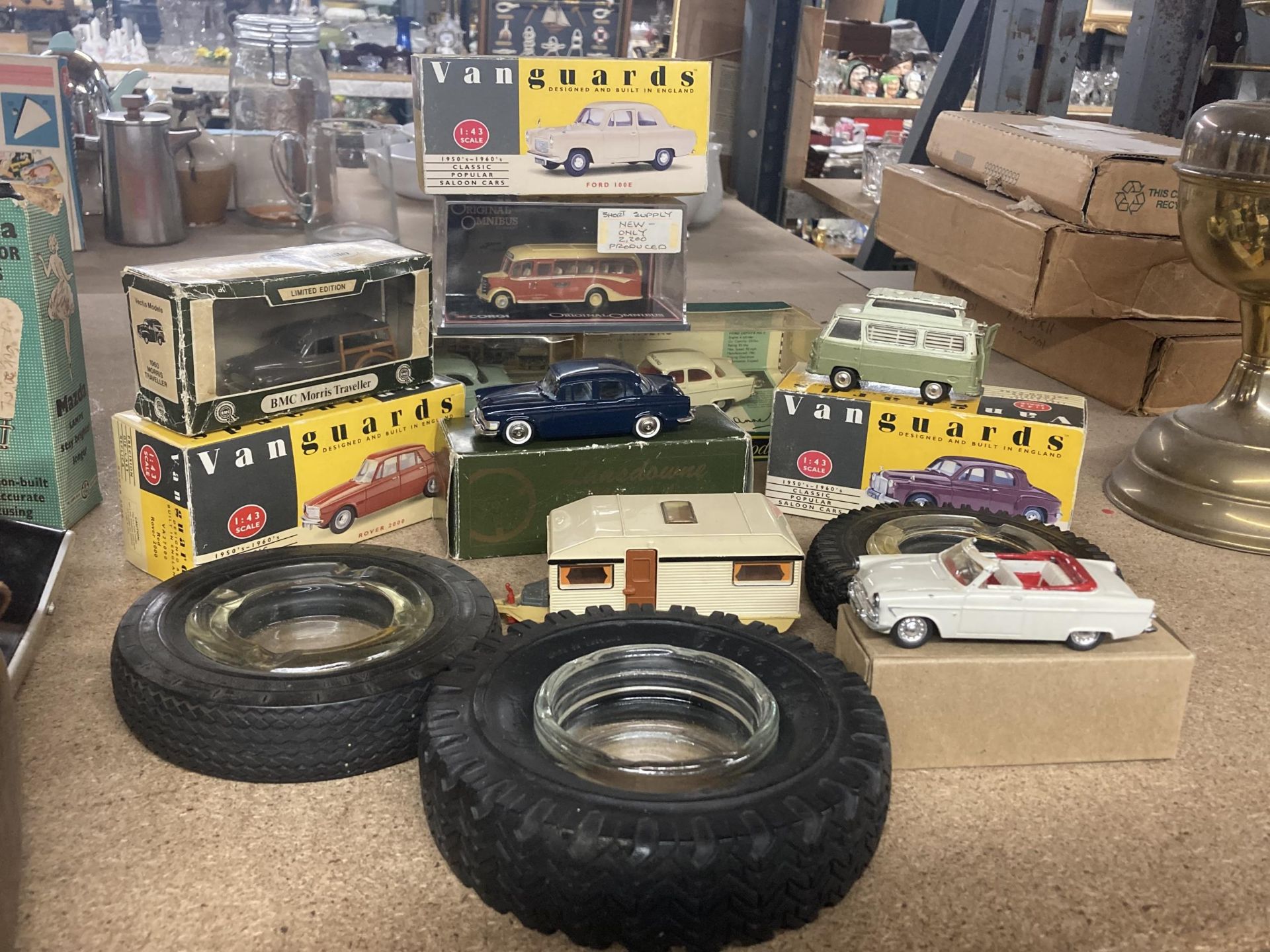 A VARIETY OF CORGI, VANGUARD AND LANSDOWNE MODELS TOGETHER WITH TWO TYRE ASHTRAYS, MATCHBOX CARAVAN,