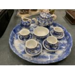 A MINIATURE VICTORIAN BLUE AND WHITE TEASET ON A TRAY