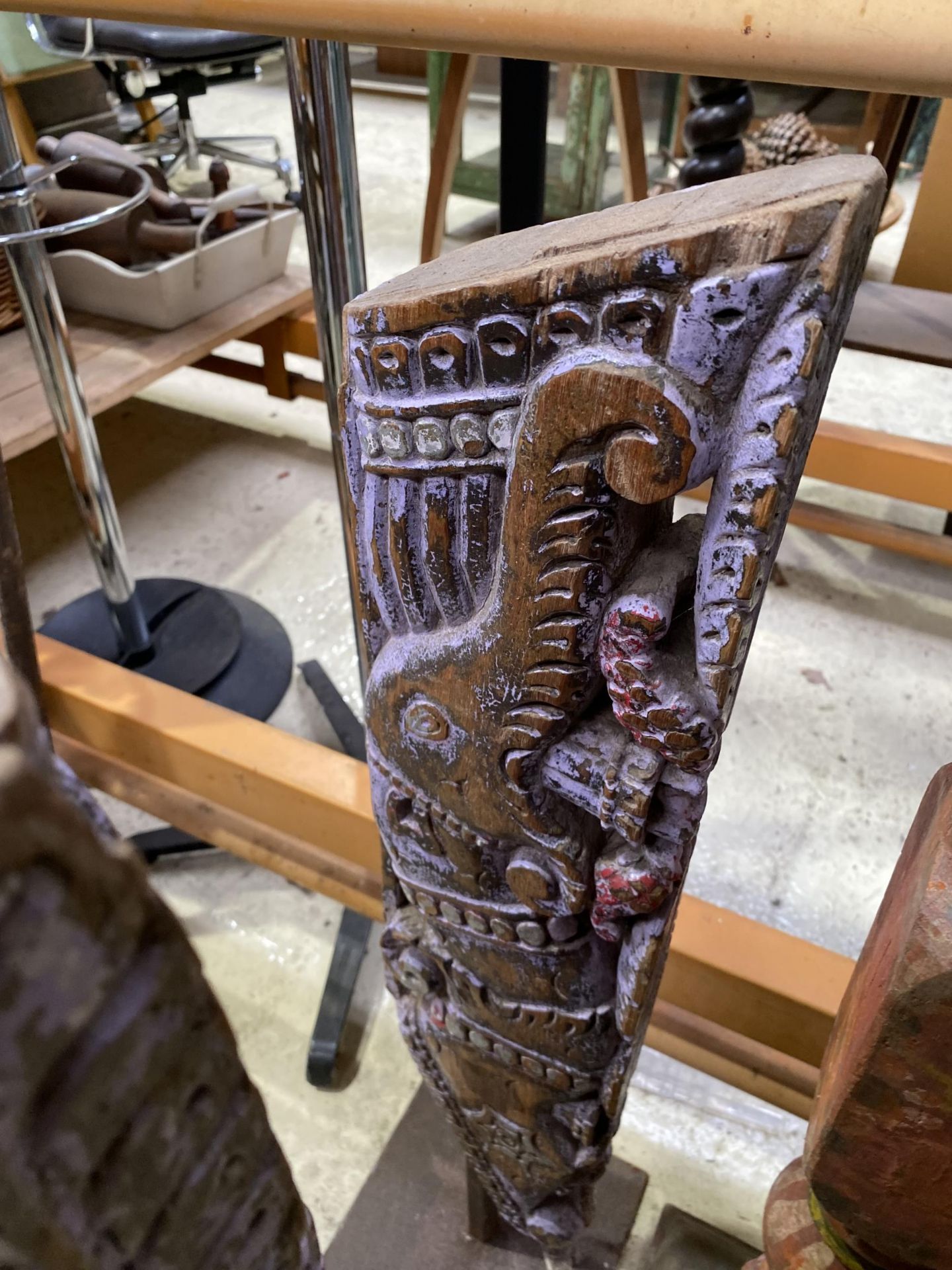 A PAIR OF INDIAN HARDWOOD CARVED PLAQUES ON STANDS - Image 3 of 4