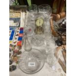 A QUANTITY OF GLASSWARE TO INCLUDE AN ANNIVERSARY CLOCK, DESSERT BOWLS, VINEGAR BOTTLE, ROYAL ALBERT